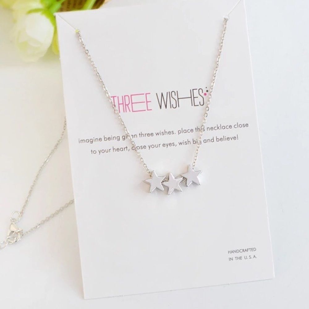 Silver Tone Wishes Three Stars Necklace on Card